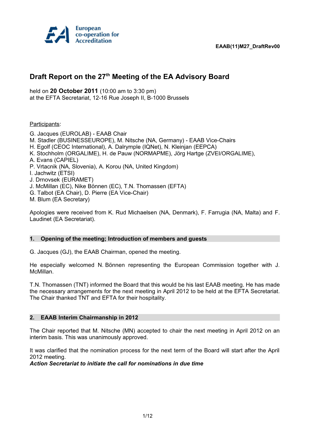 Draft Agenda for the 22Nd Meeting of the EA Advisory Board