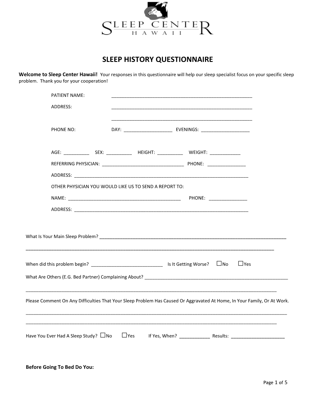 Sleep History Questionnaire