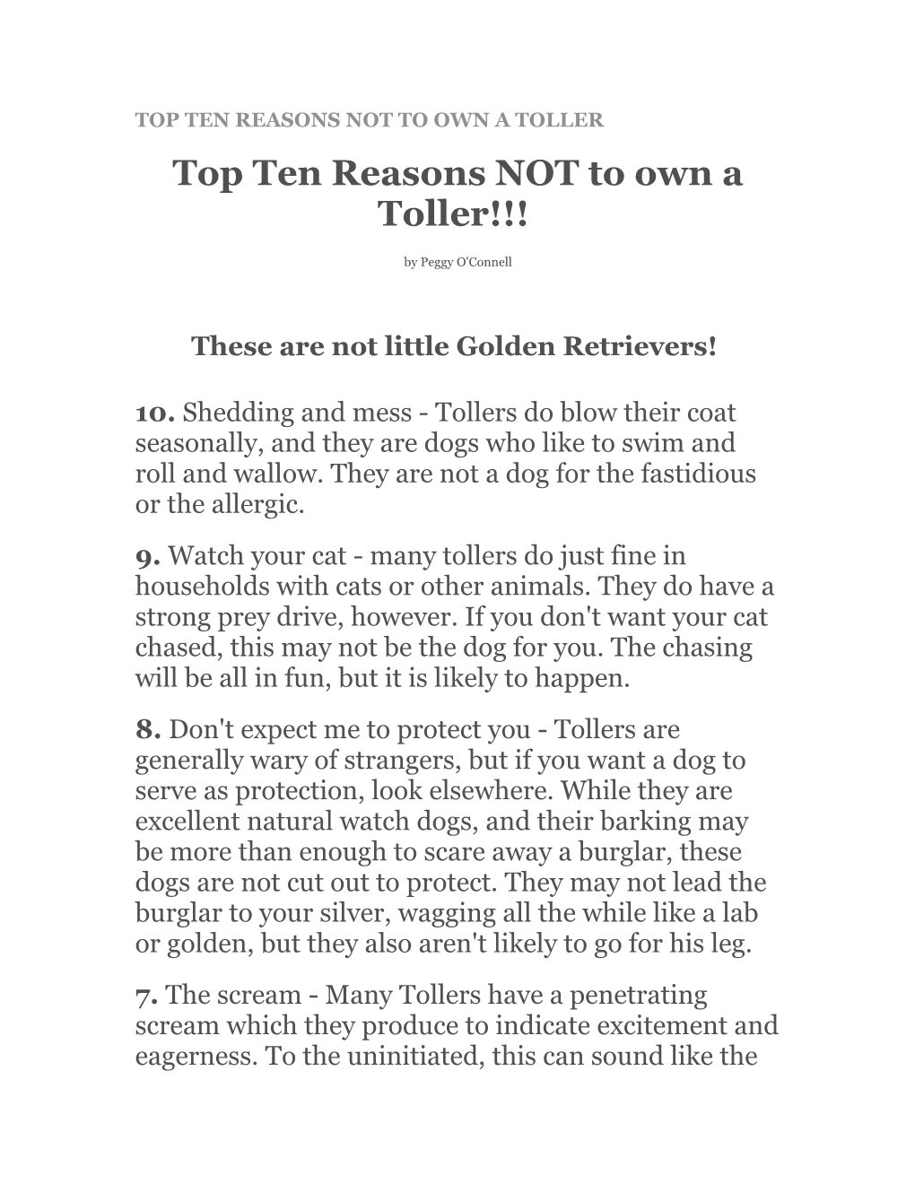 Top Ten Reasons Not to Own a Toller