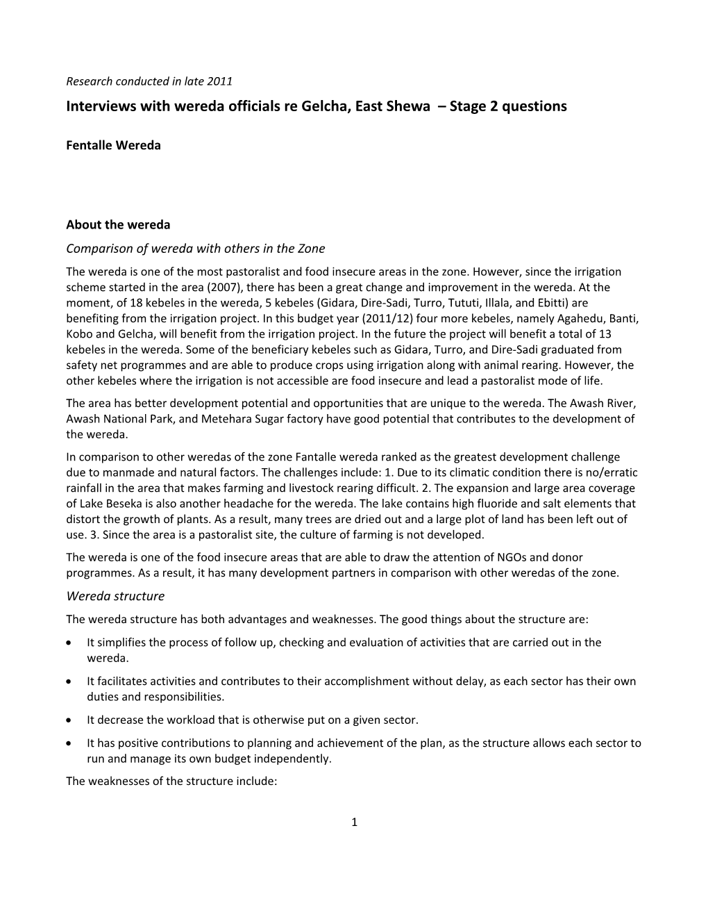 Report Document 1 for Wereda Officials