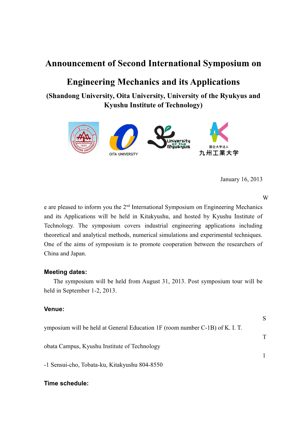 Announcement of Second International Symposium on Engineering Mechanics and Its Applications