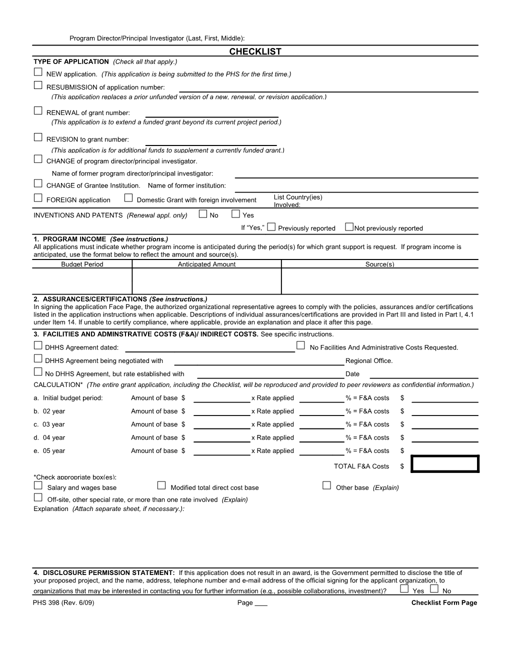 PHS 398 (Rev. 6/09), Checklist Form Page