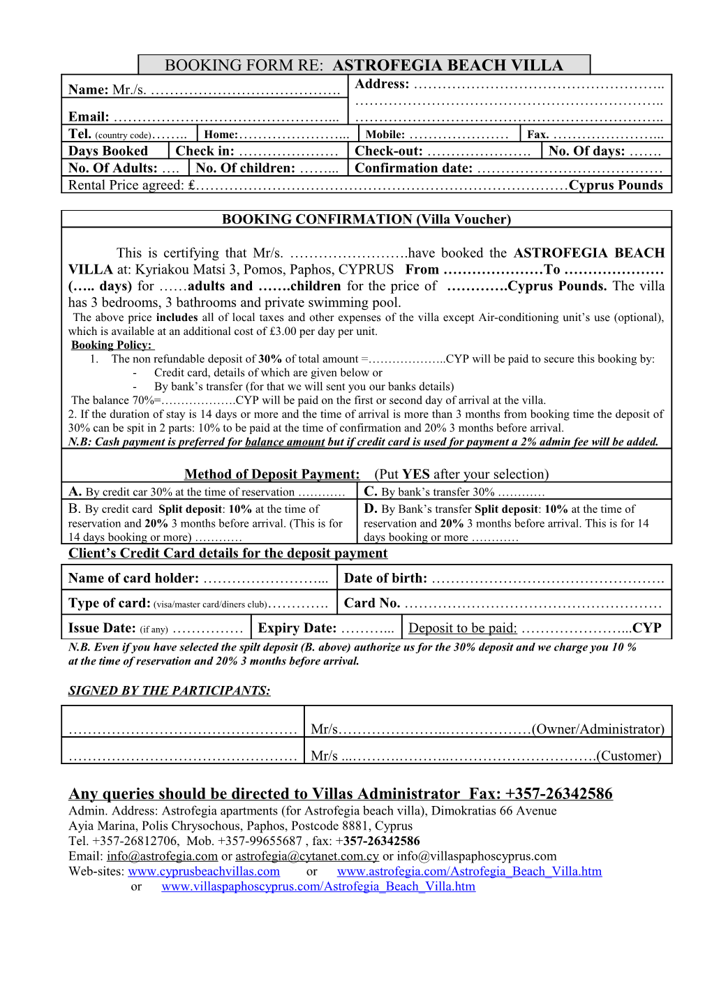 Client S Credit Card Details for the Deposit Payment