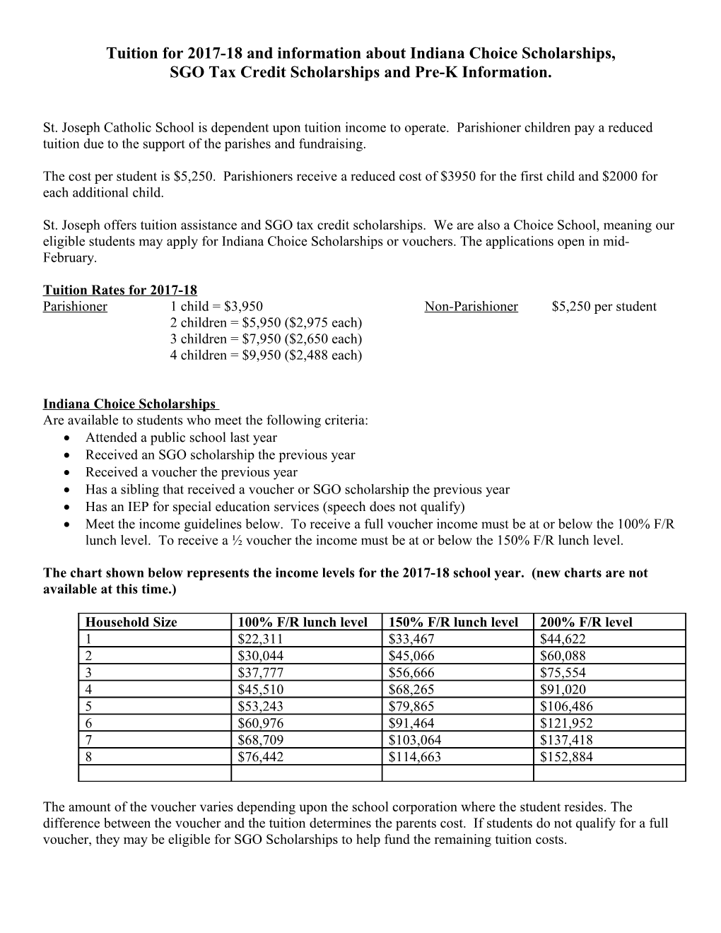 Tuition for 2017-18 and Information About Indiana Choice Scholarships