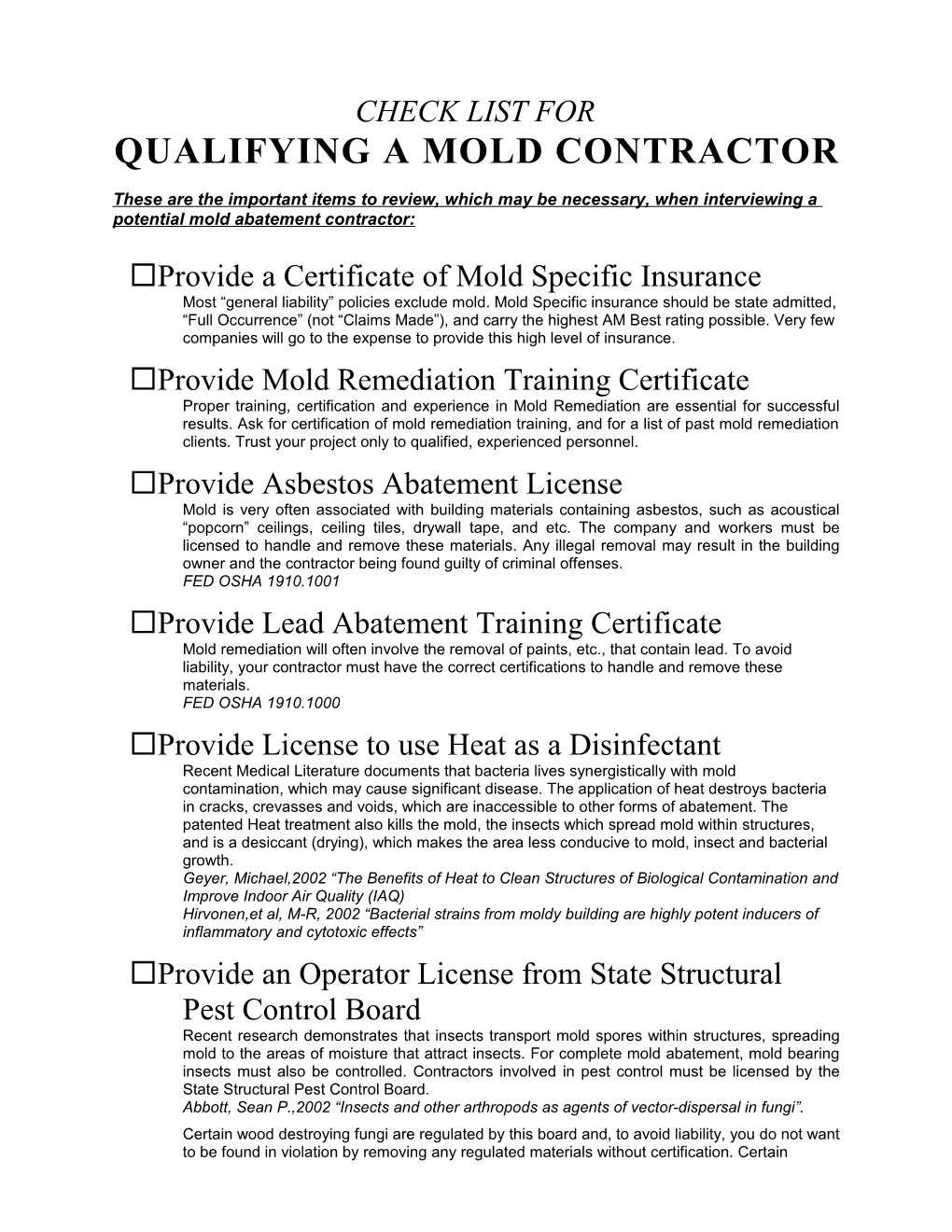 Customer Check List for Mold Contractor