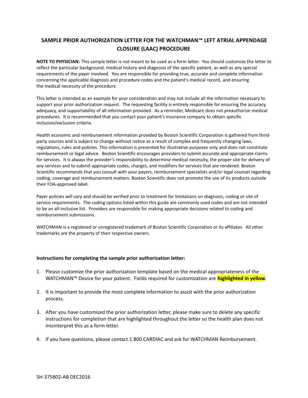 Sample Prior Authorization Letter for the Watchman Left Atrial Appendage Closure (Laac)