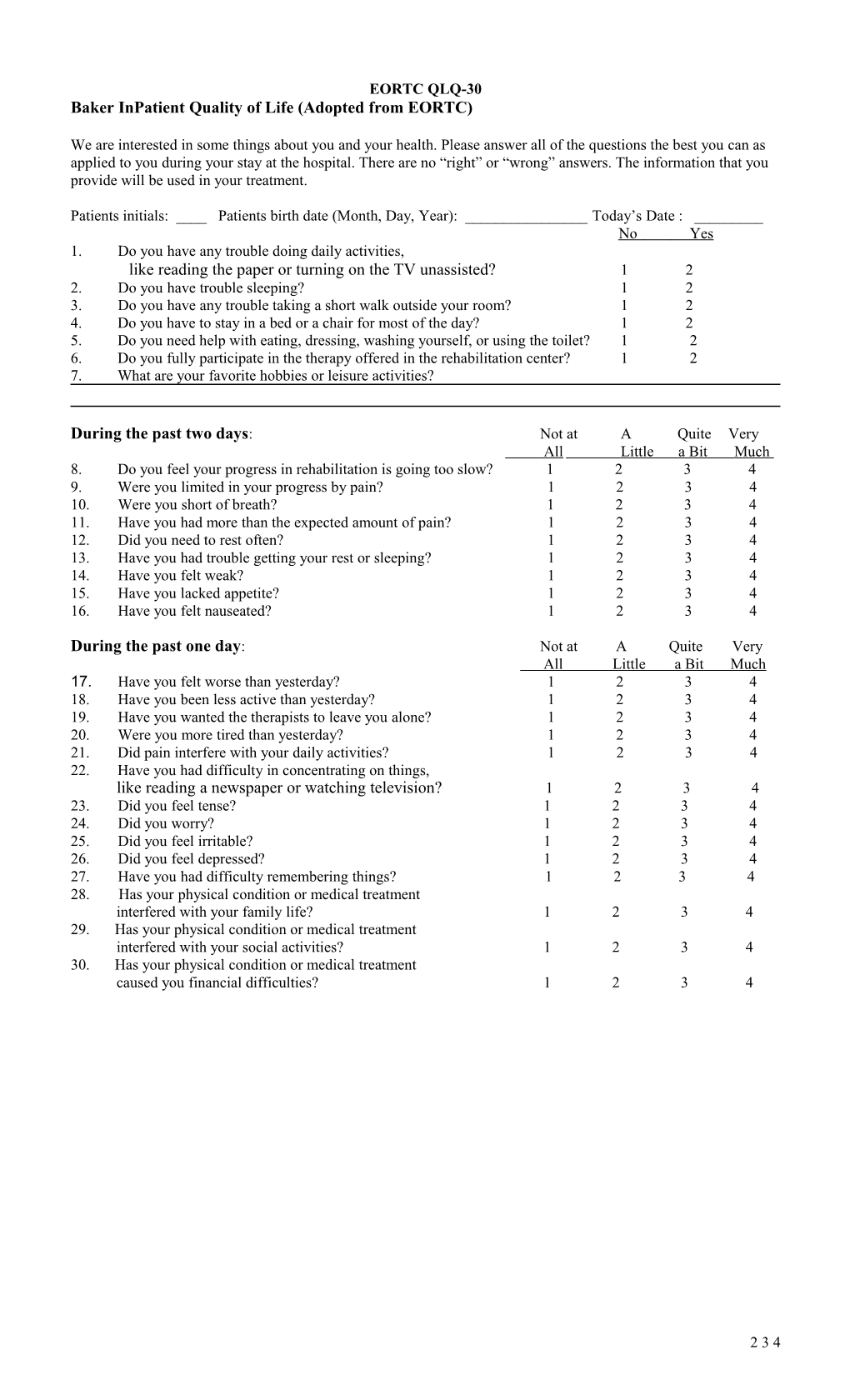 Baker Inpatient Quality of Life (Adopted from EORTC)