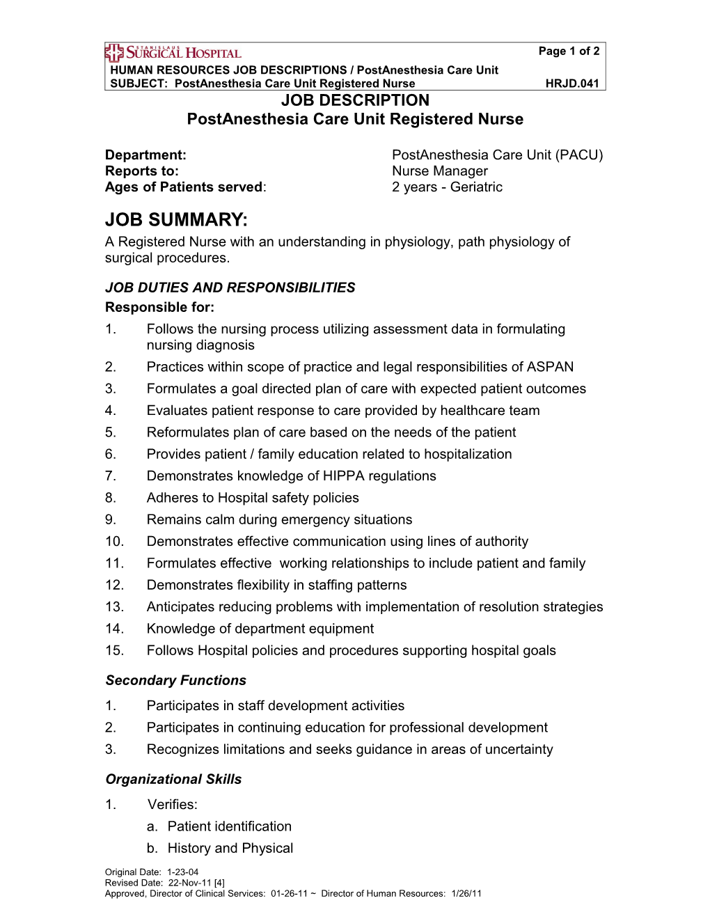 HRJD.041 Postanesthesia Care Unit Registered Nurse