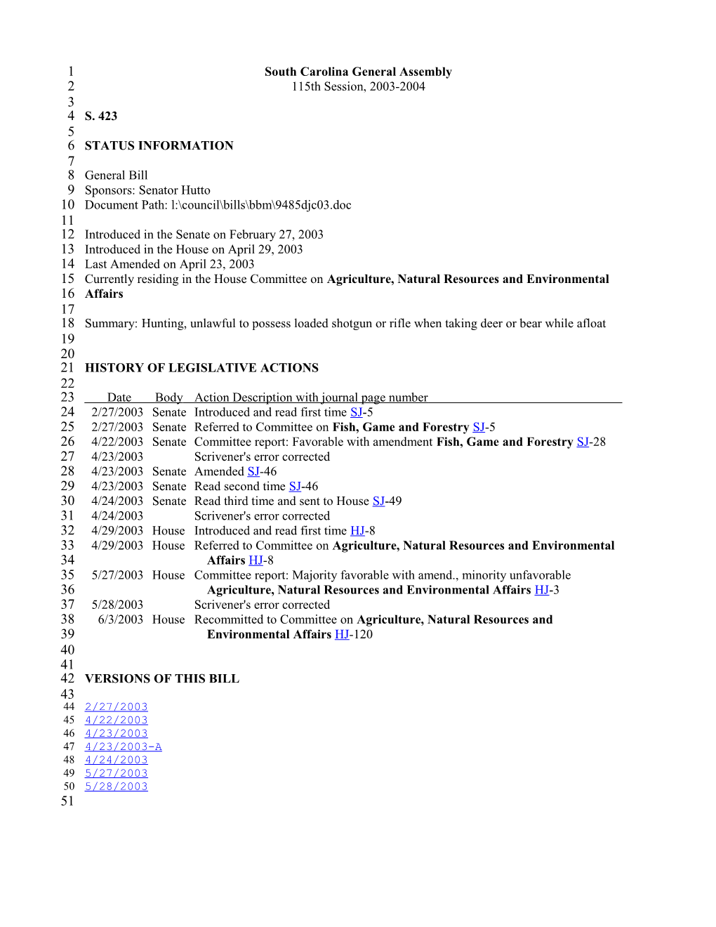 2003-2004 Bill 423: Hunting, Unlawful to Possess Loaded Shotgun Or Rifle When Taking Deer