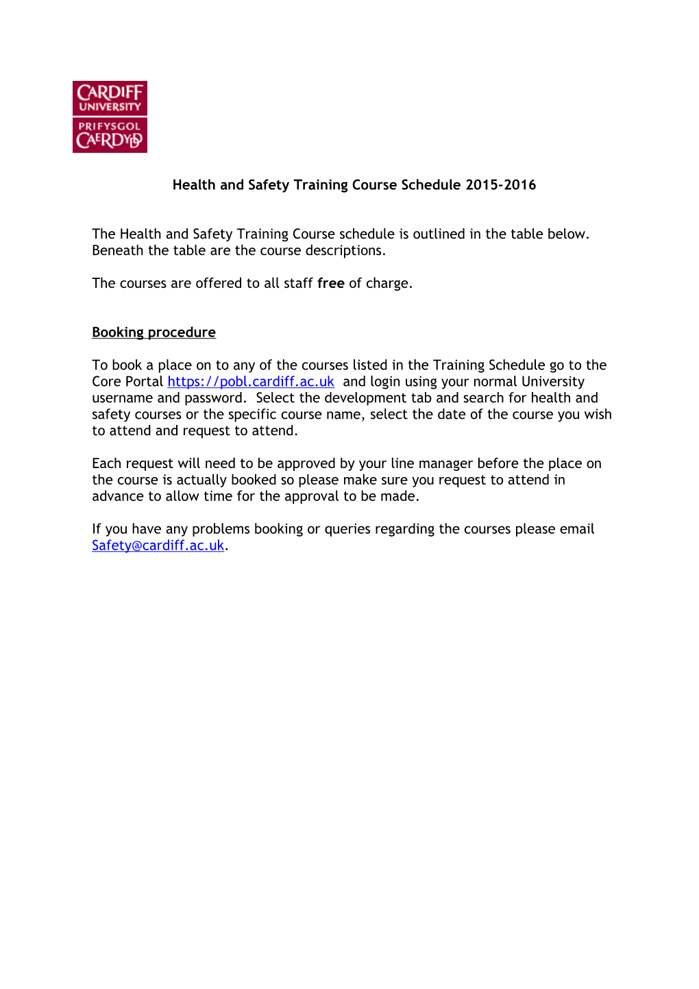 Health and Safety Training Course Schedule 2015-2016