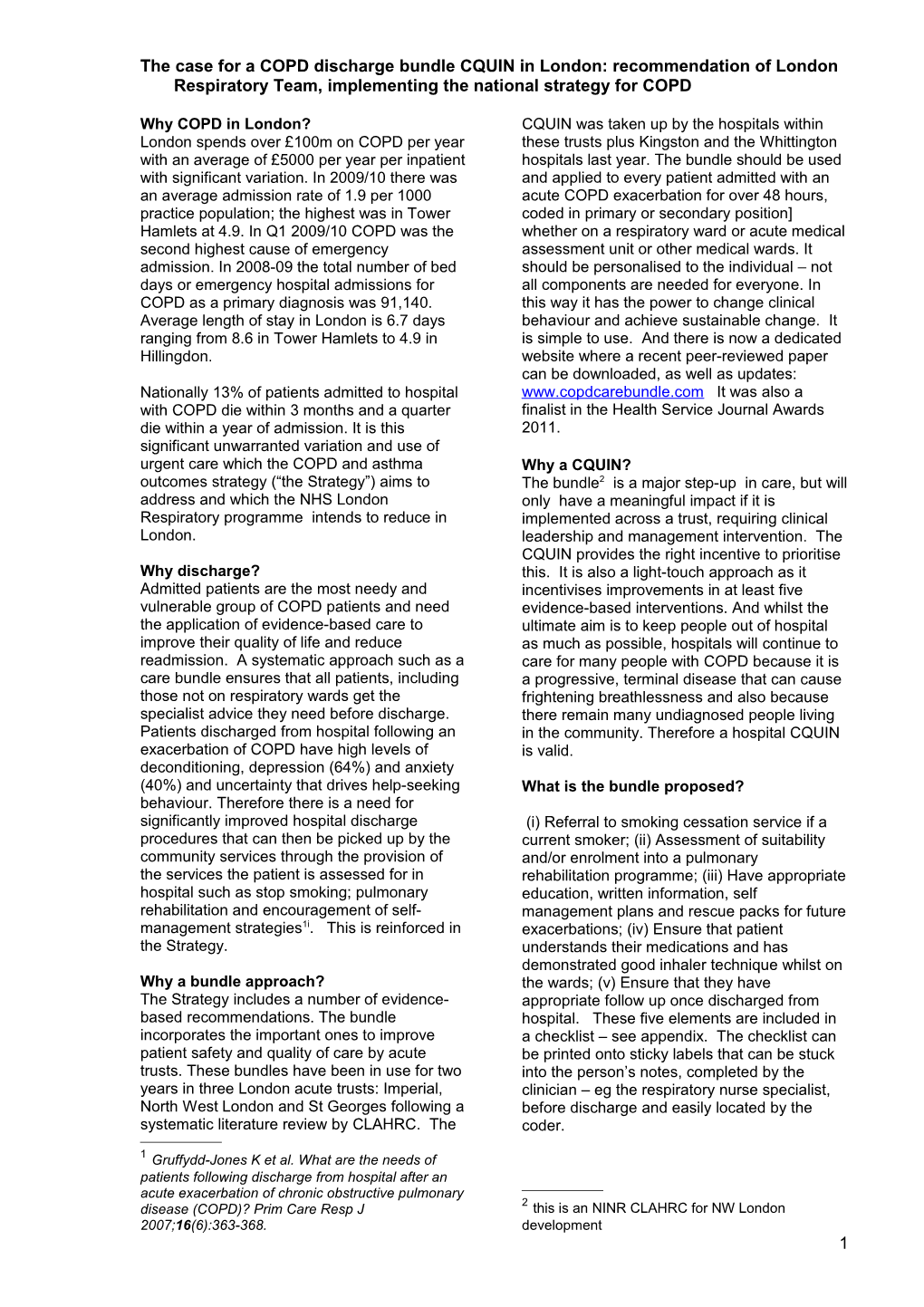 The Case for a COPD Discharge Bundle CQUIN in London