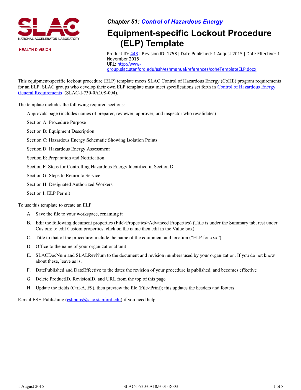 Equipment-Specific Lockout Procedure (ELP) Template