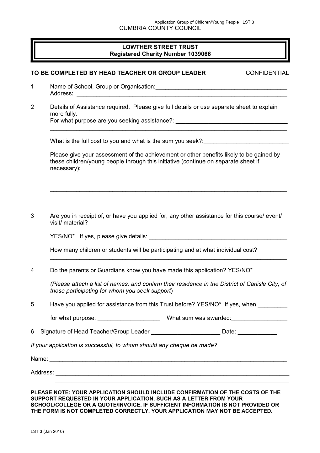 Lowther Street Trust Application Form