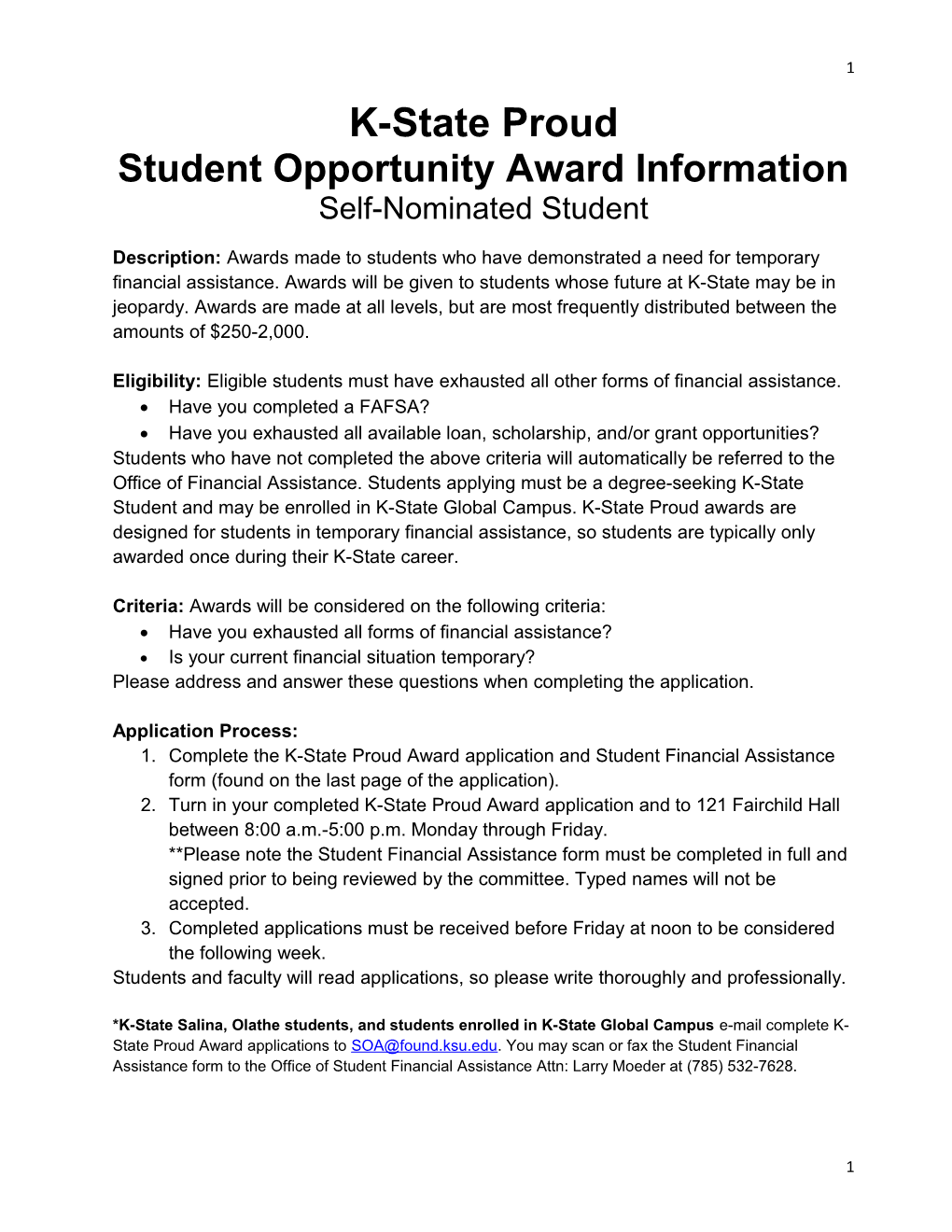 Student Opportunity Award Information
