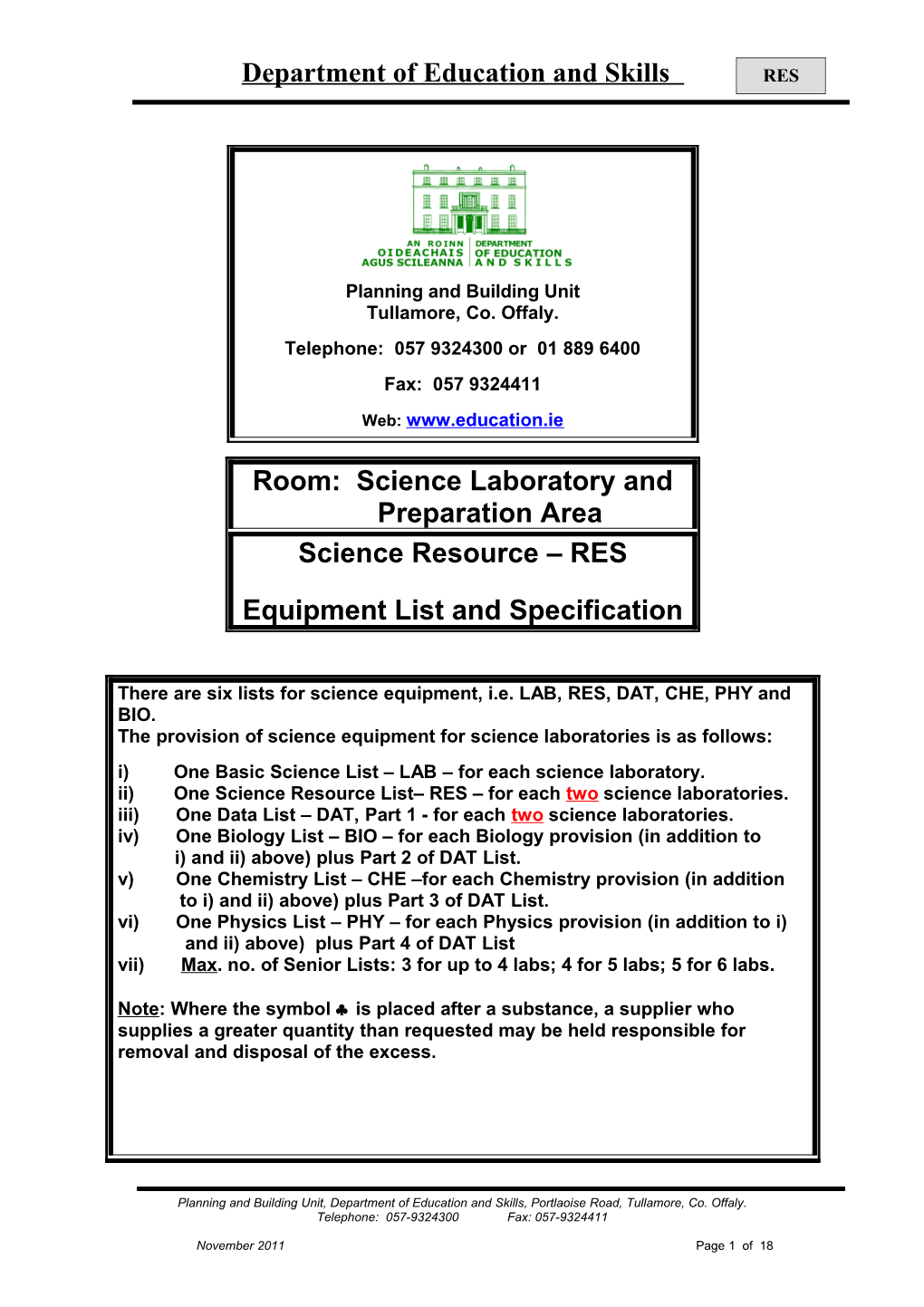 Room: Science Laboratory and Preperation Area - Science Resource - RES - Equipment List