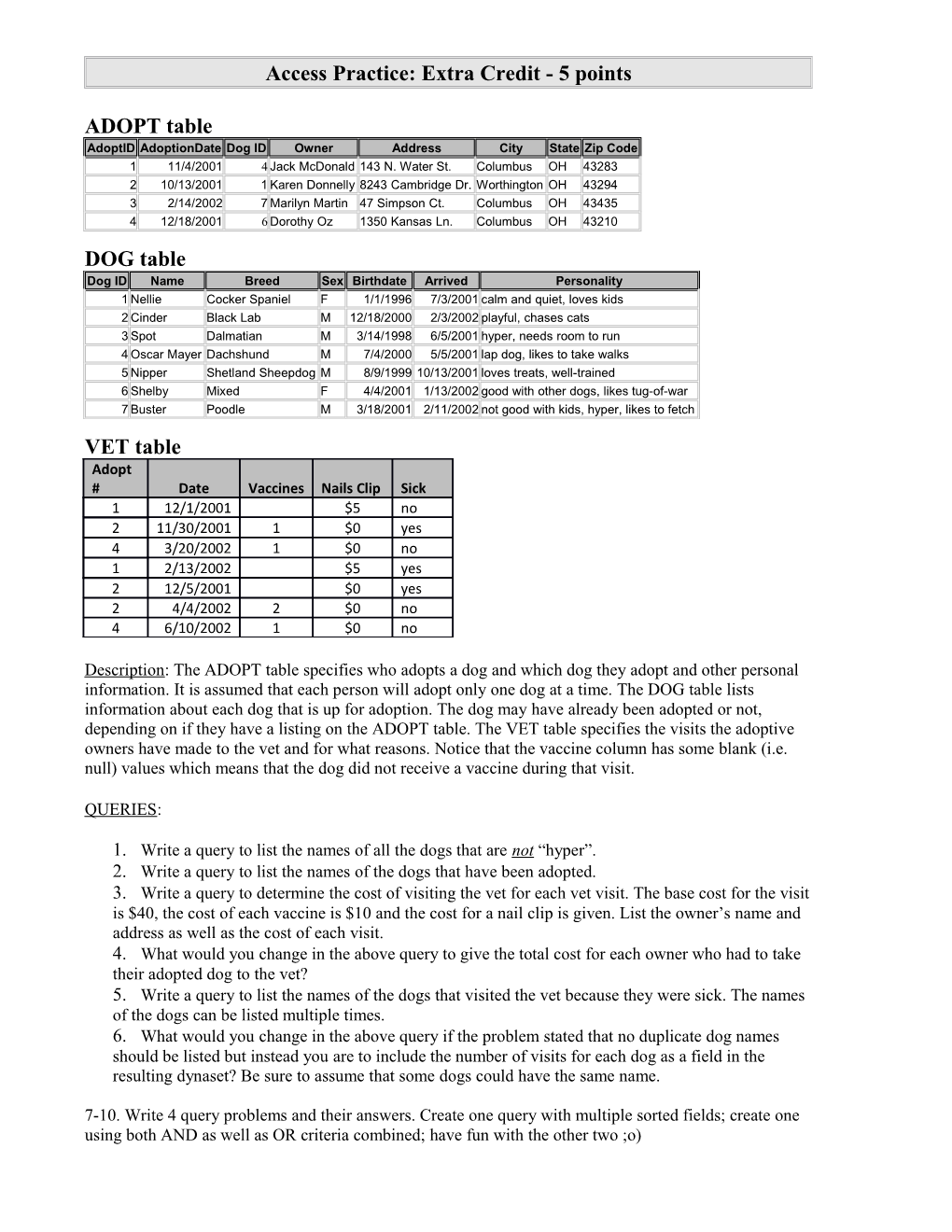 Access Practice: Extra Credit -5 Points