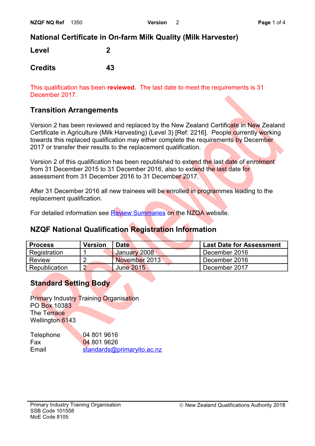 1350 National Certificate in On-Farm Milk Quality (Milk Harvester)