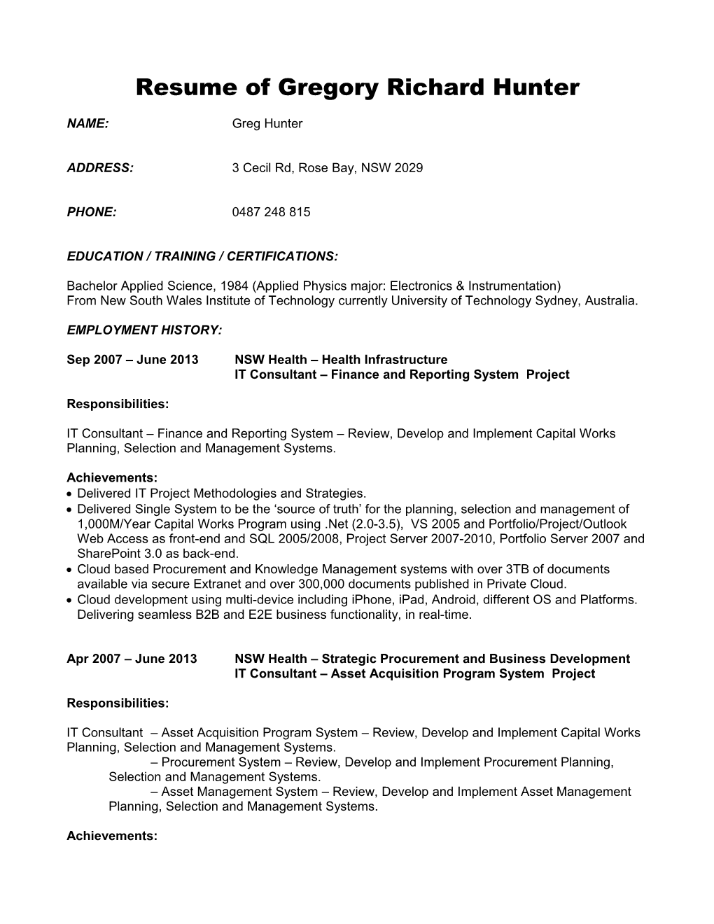 Resume of Gregory Richard Hunter