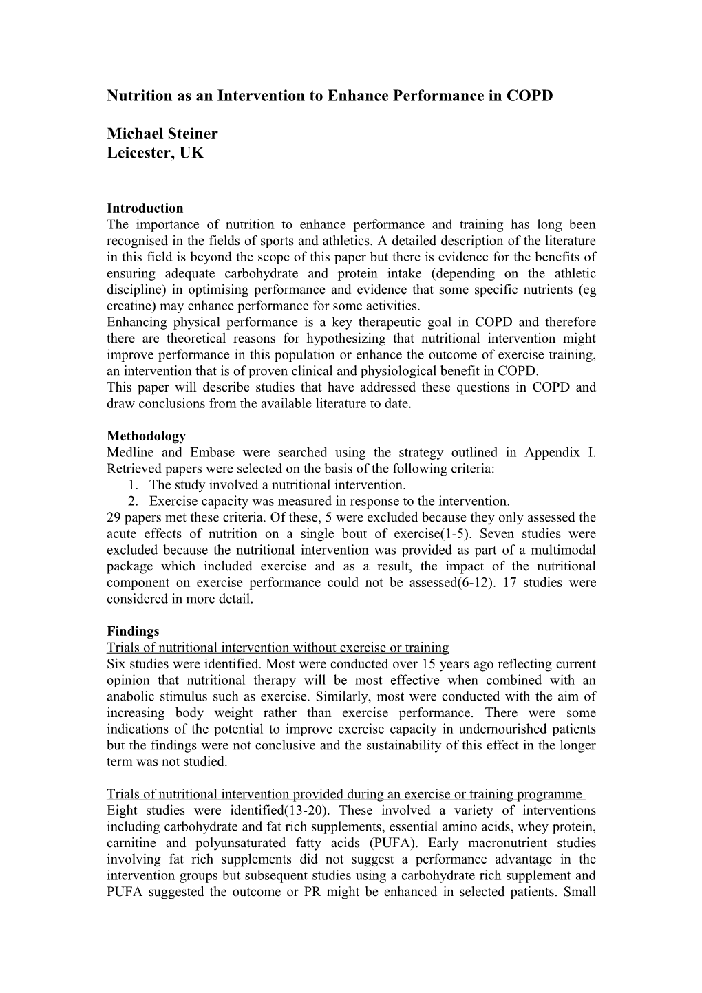 Nutrition As an Intervention to Enhance Performance in COPD