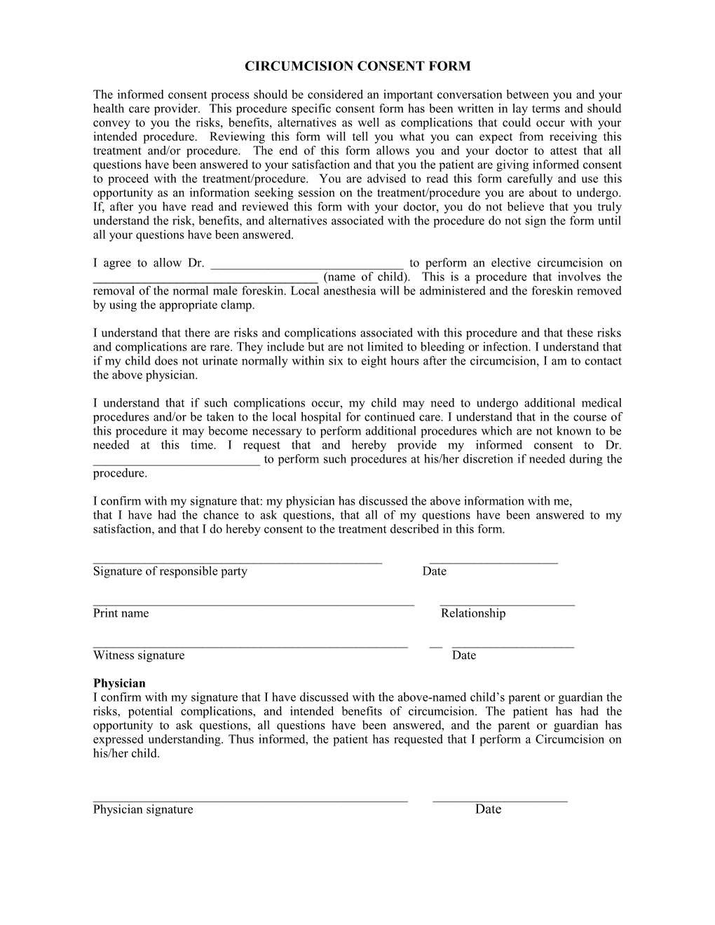 Circumcision Consent Form