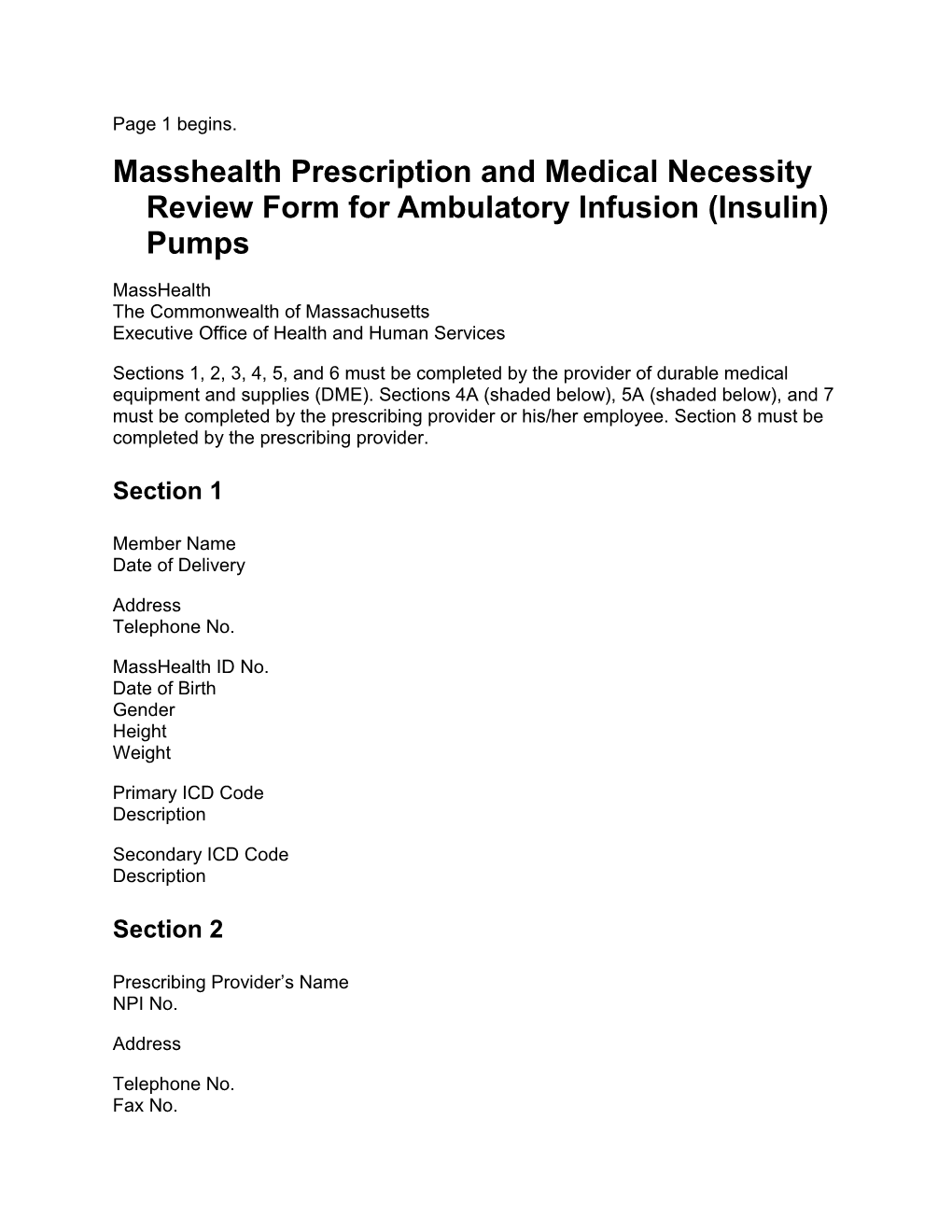 Masshealth Prescription and Medical Necessity Review Form for Ambulatory Infusion (Insulin)