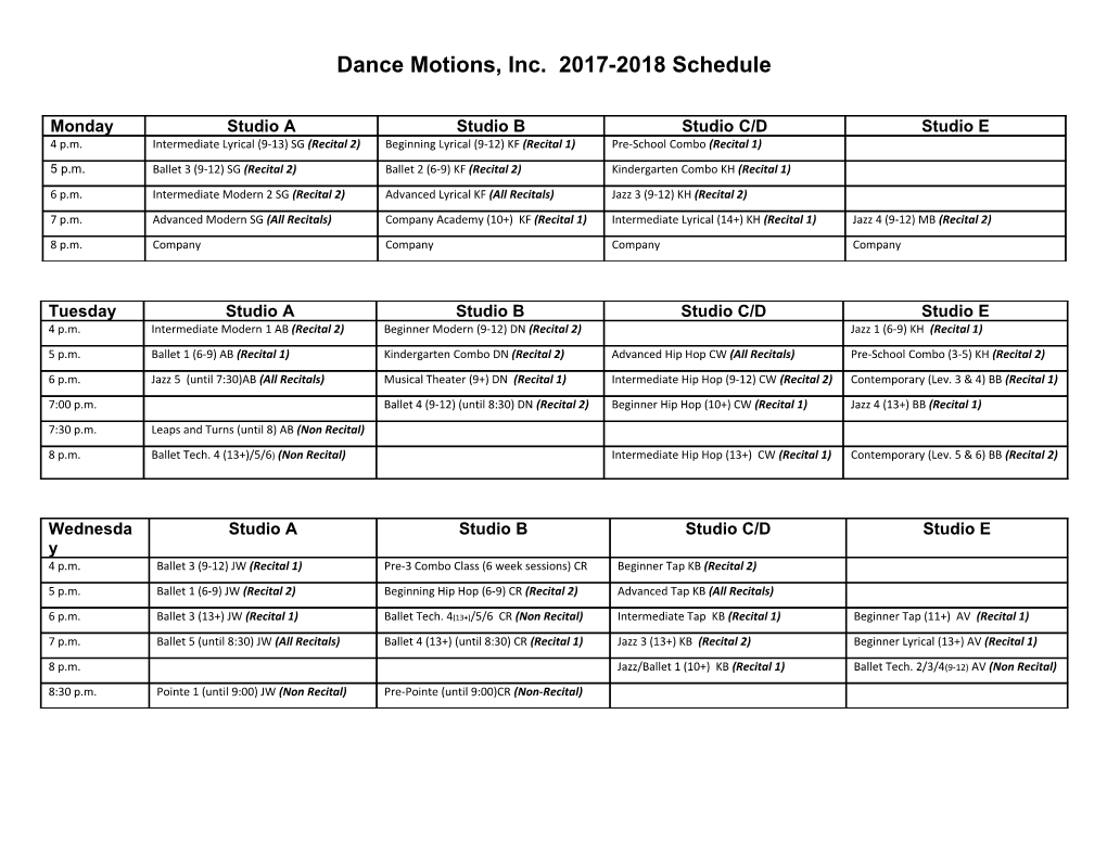 Dance Motions, Inc. 2017-2018 Schedule