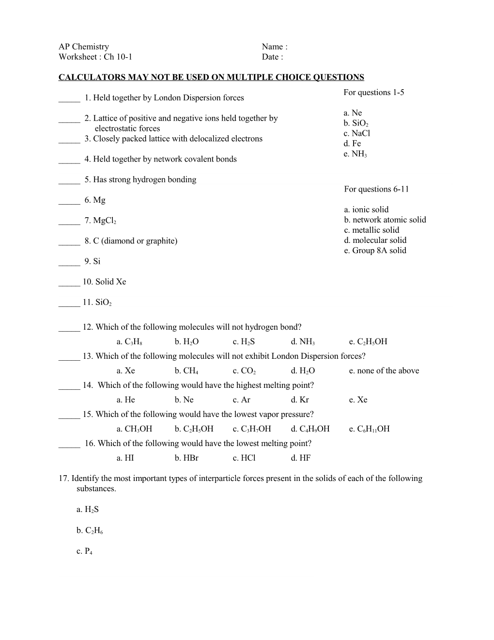 Calculators May Not Be Used on Multiple Choice Questions