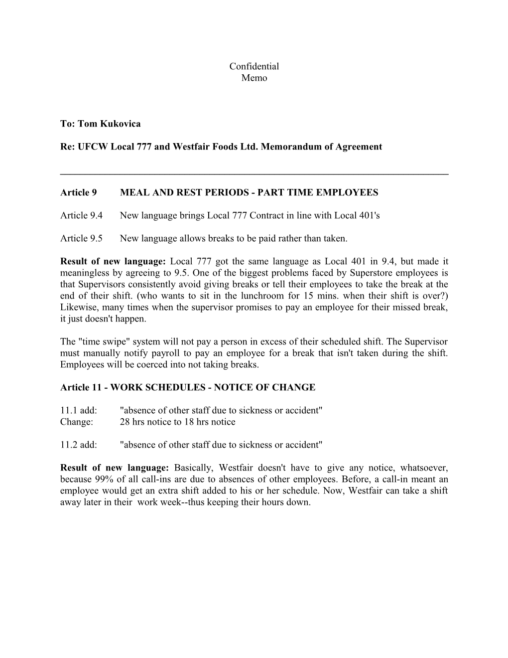 Re: UFCW Local 777 and Westfair Foods Ltd. Memorandum of Agreement