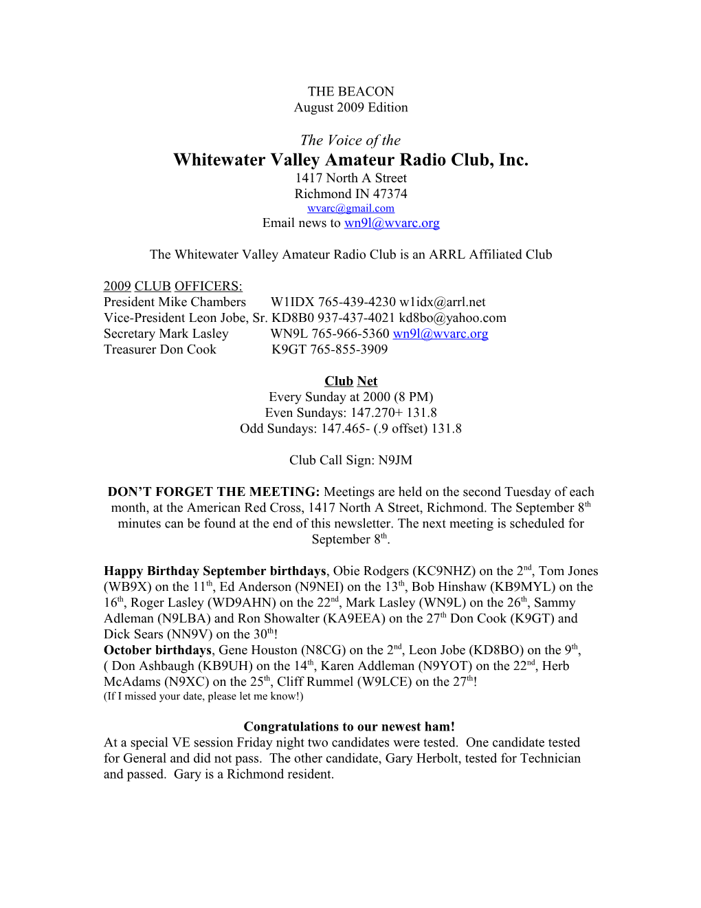 Whitewater Valley Amateur Radio Club, Inc