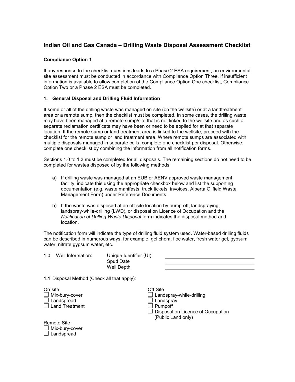 Indian Oil and Gas Canada Drilling Waste Disposal Assessment Checklistpage 1 of 12