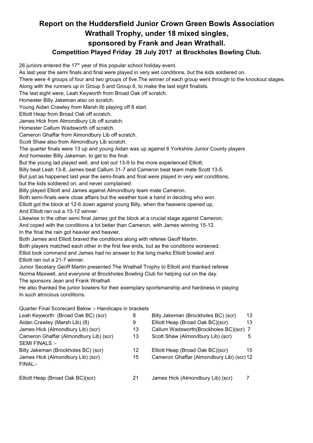 Report on the Huddersfield Junior Crown Green Bowls Association