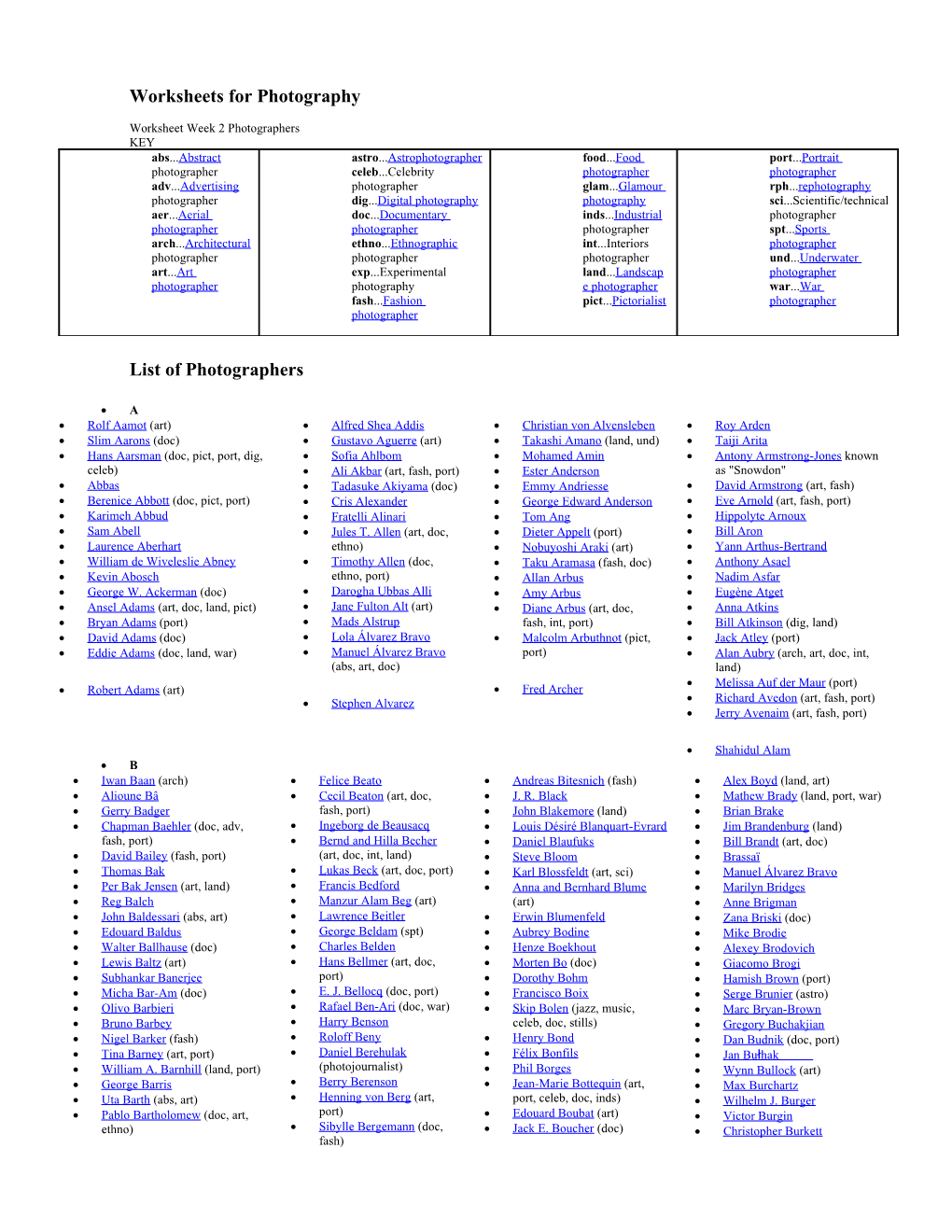 Worksheets for Photography