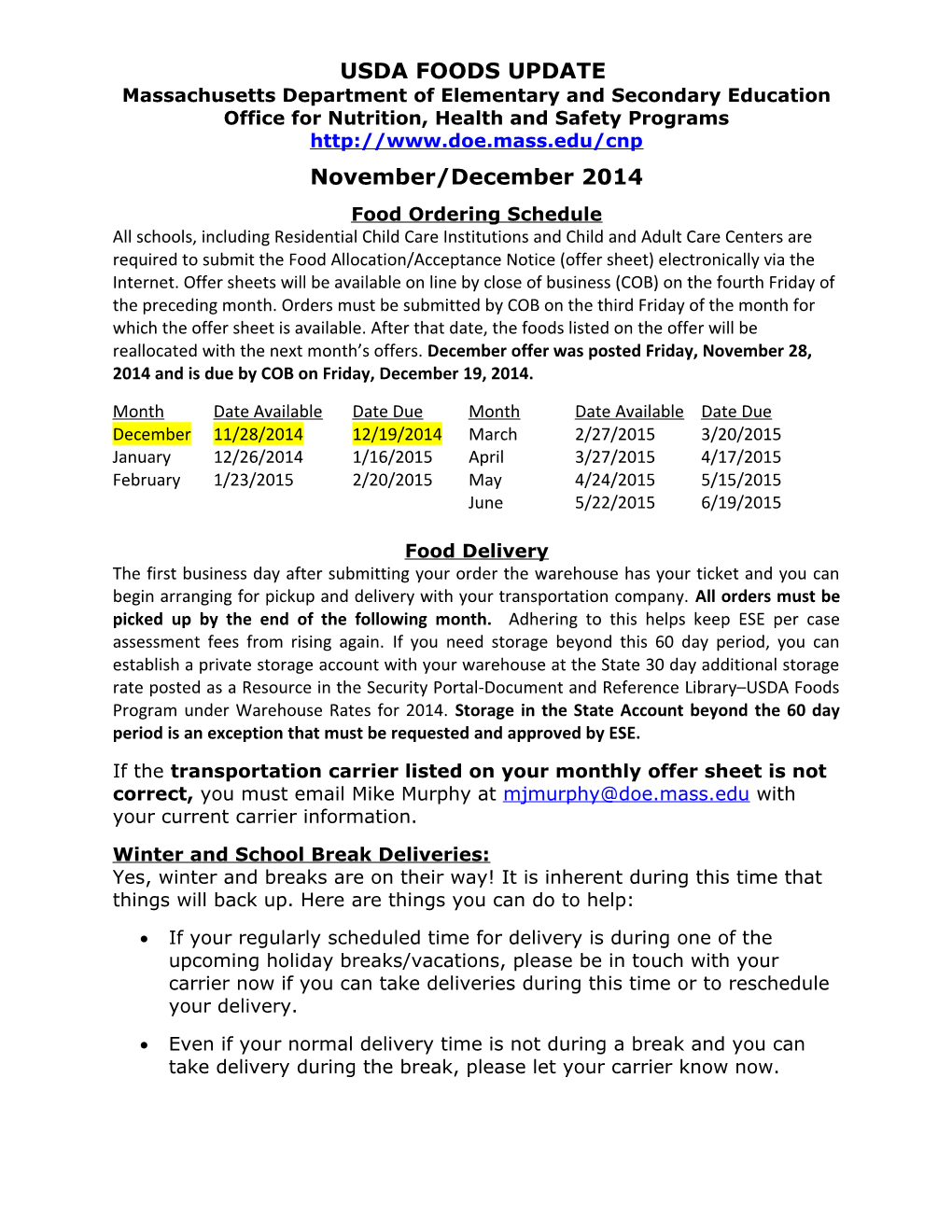 USDA Foods Update November/December 2014