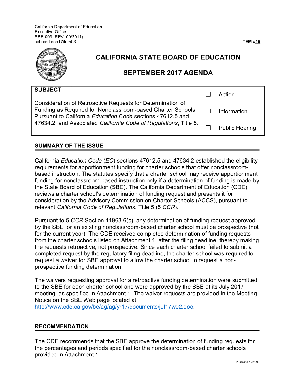 September 2017 Agenda Item 15 - Meeting Agendas (CA State Board of Education)