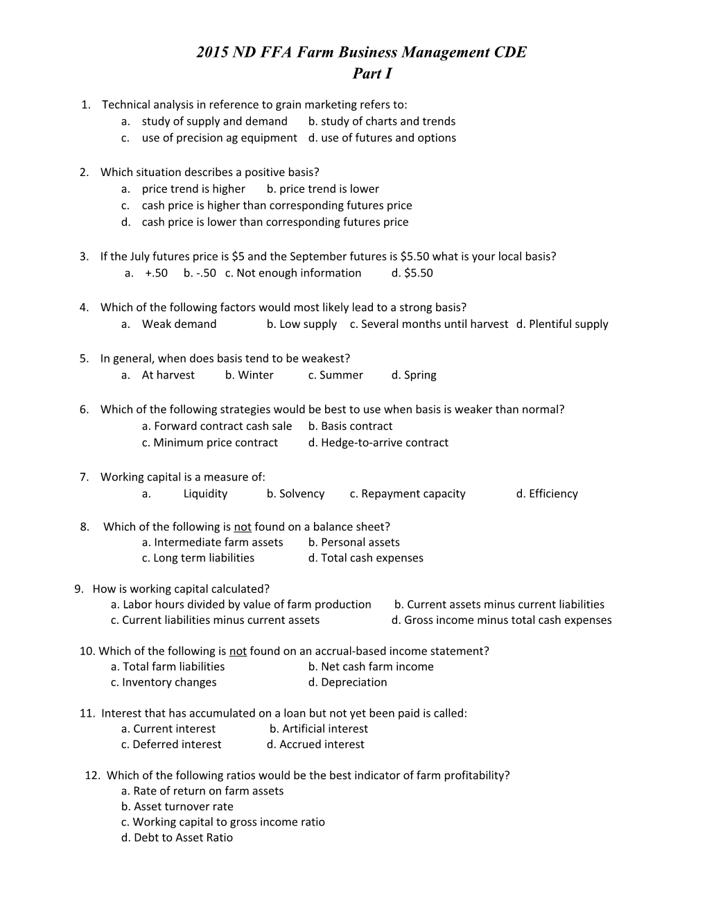 2015 ND FFA Farm Business Management CDE Part I