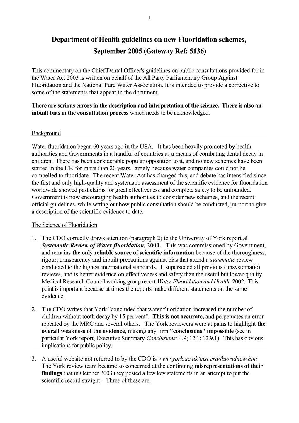 Department of Health Guidelines on New Fluoridation Schemes, September 2005 (Gateway Ref: 5136)