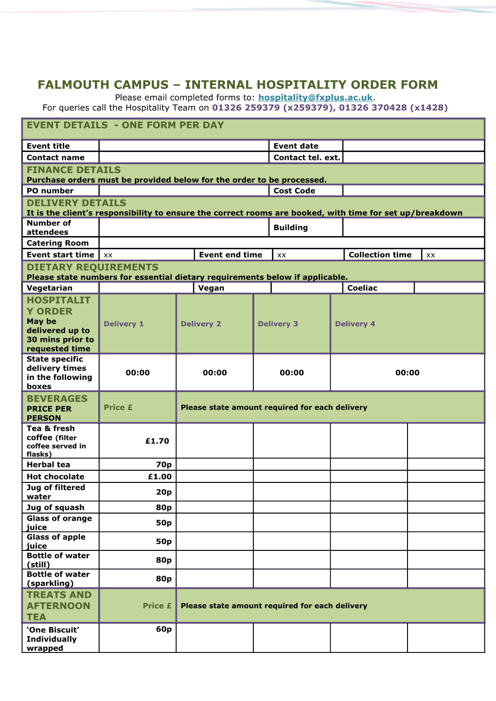 Falmouth Campus Internal Hospitality Order Form