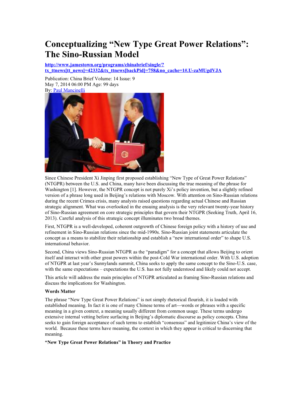 Conceptualizing New Type Great Power Relations : the Sino-Russian Model