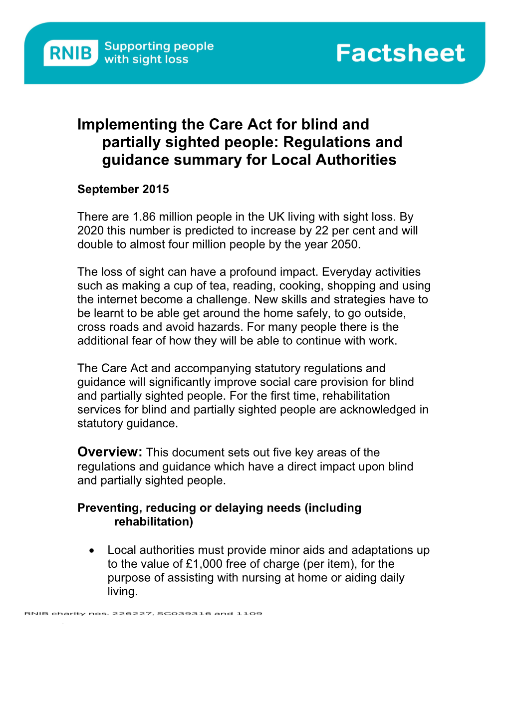 Implementing the Care Act for Blind and Partially Sighted People: Regulations and Guidance