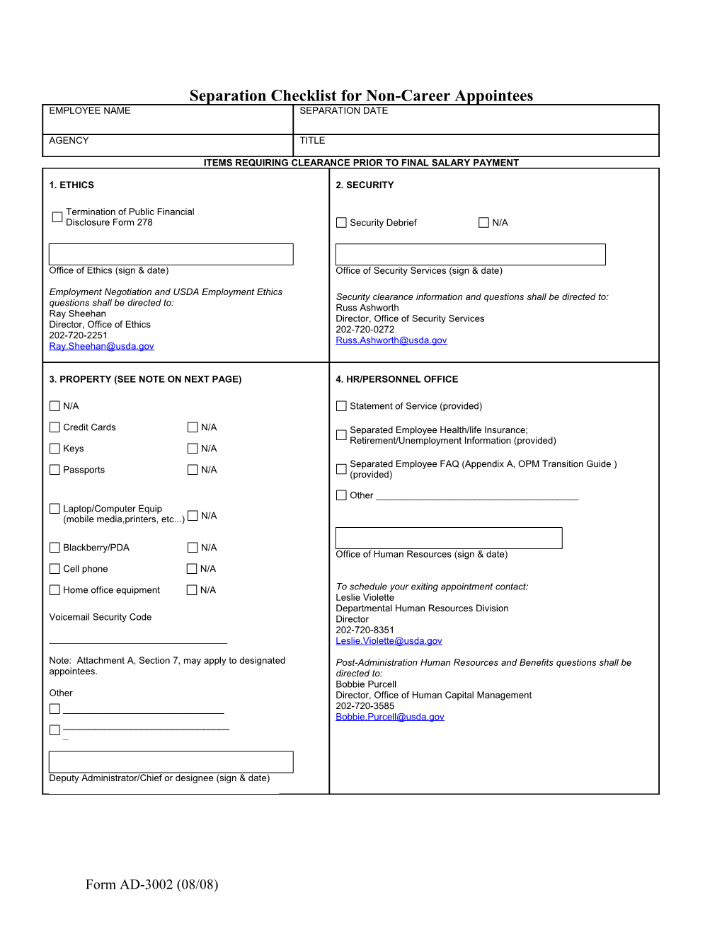 Separation Checklist for Senior Level Executives