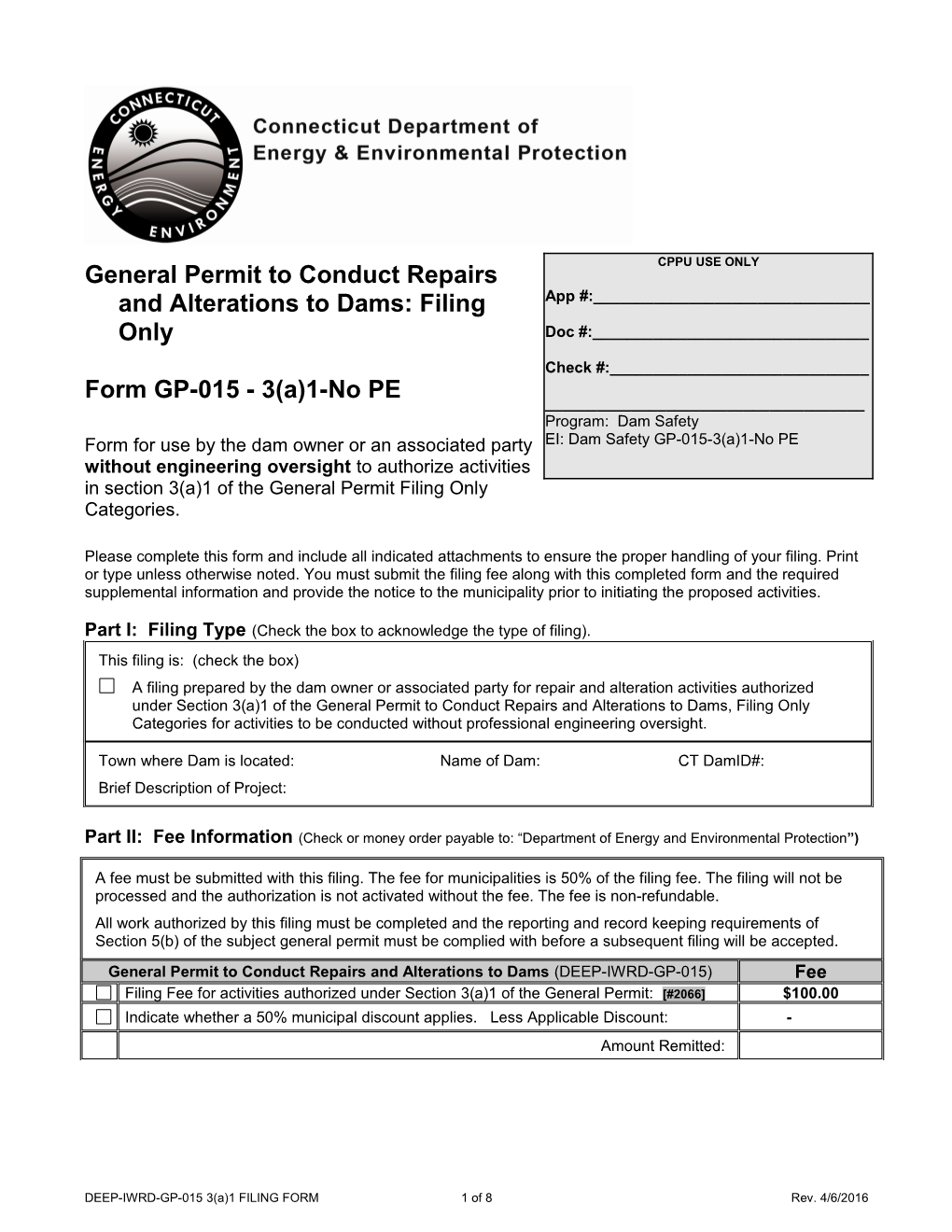 General Permit Registration Form to Conduct Repairs and Alterations to Dams GP-015 No PE