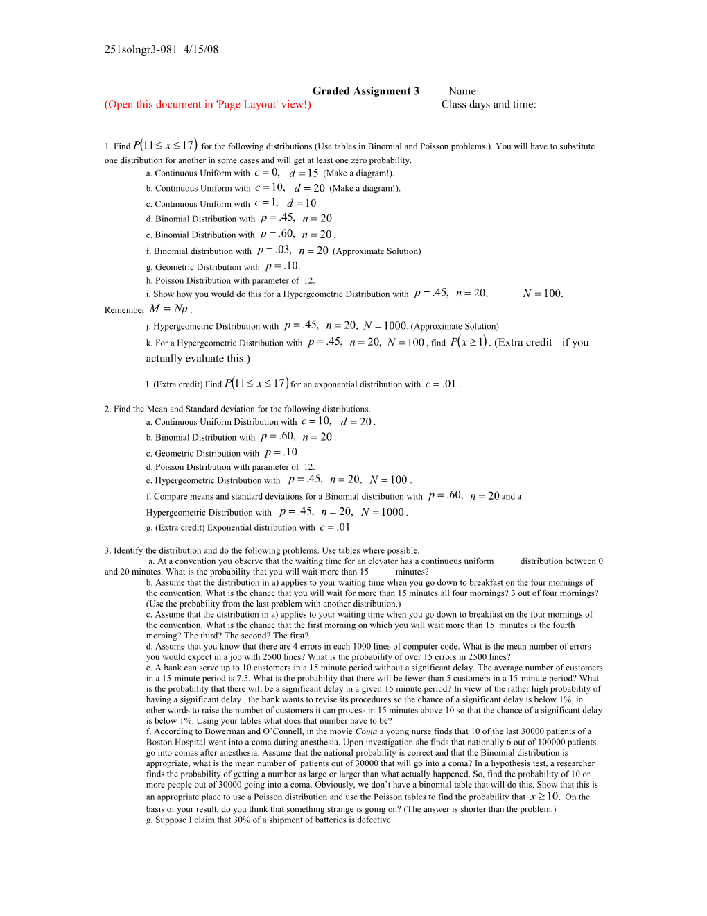 (Open This Document in 'Page Layout' View!) Class Days and Time