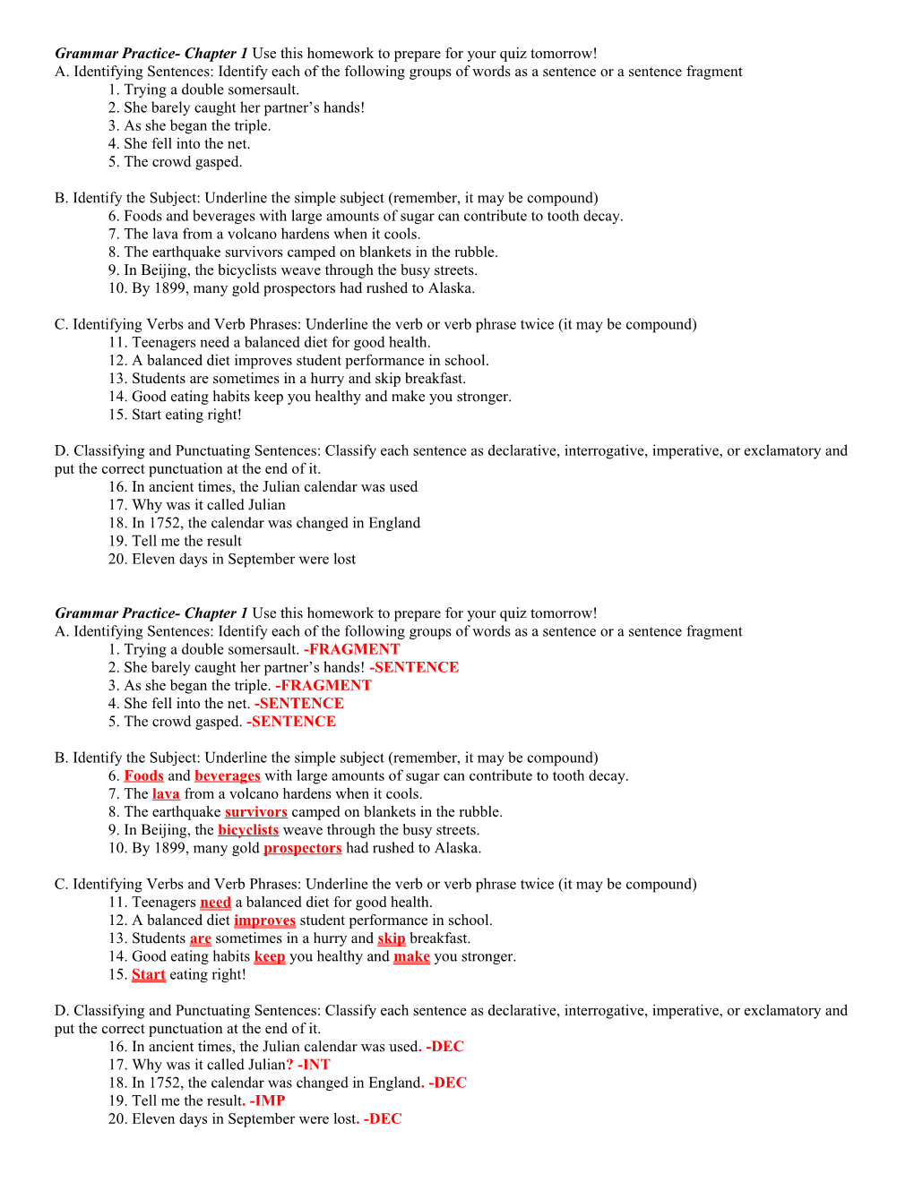 Grammar Practice- Chapter 1 Use This Homework to Prepare for Your Quiz Tomorrow!