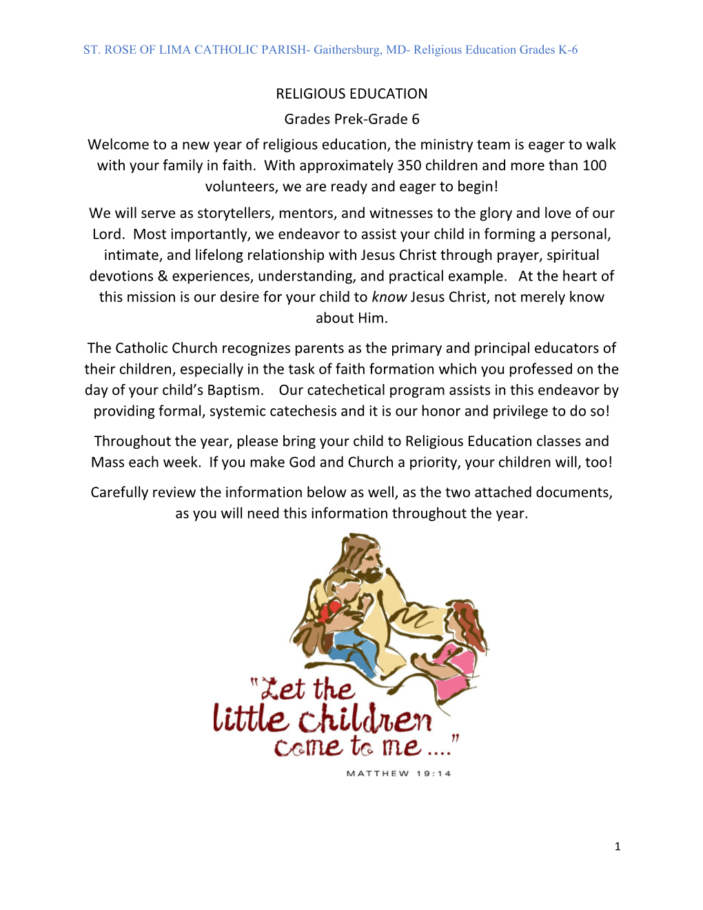 ST. ROSE of LIMA CATHOLIC PARISH- Gaithersburg, MD- Religious Education Grades K-6