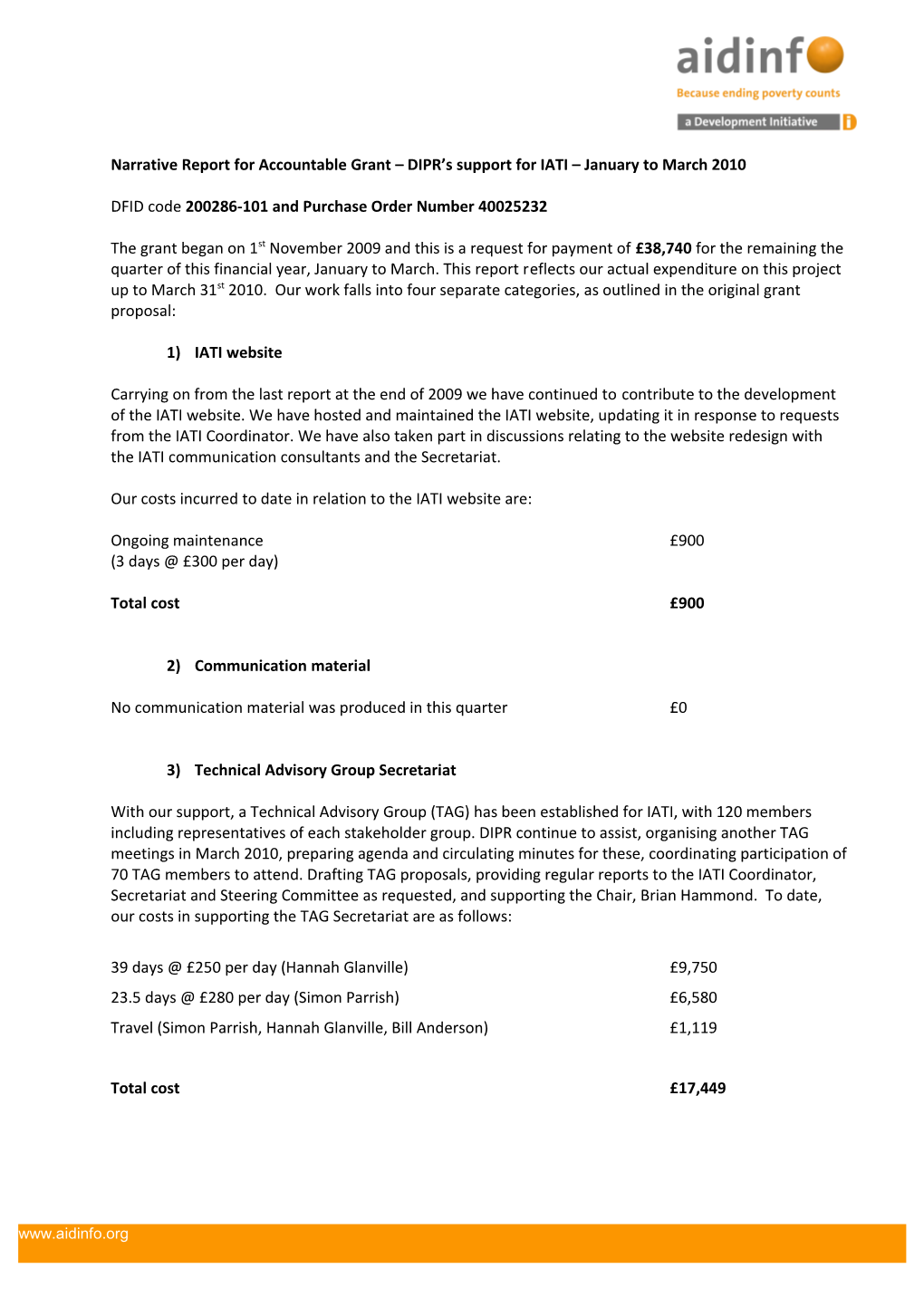 Narrative Report for Accountable Grant DIPR S Support for IATI January to March 2010