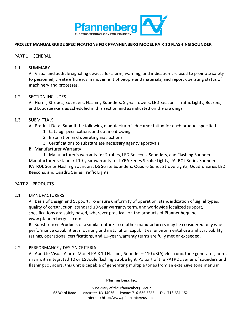 Project Manual Guide Specifications for Pfannenberg Model Pa X 10 Flashing Sounder