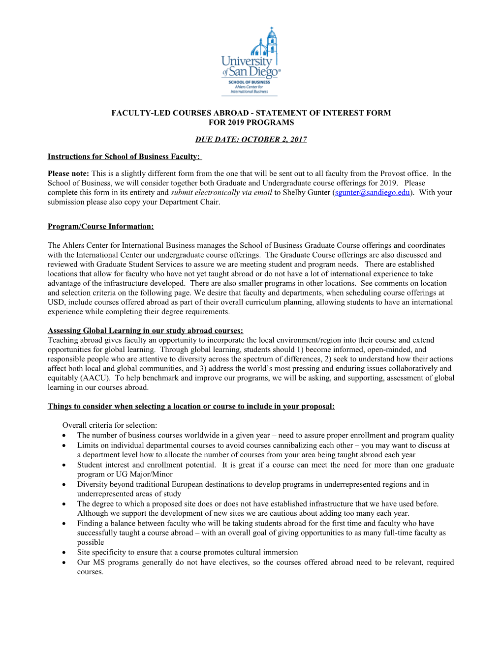 Faculty-Led Courses Abroad - Statement of Interest Form