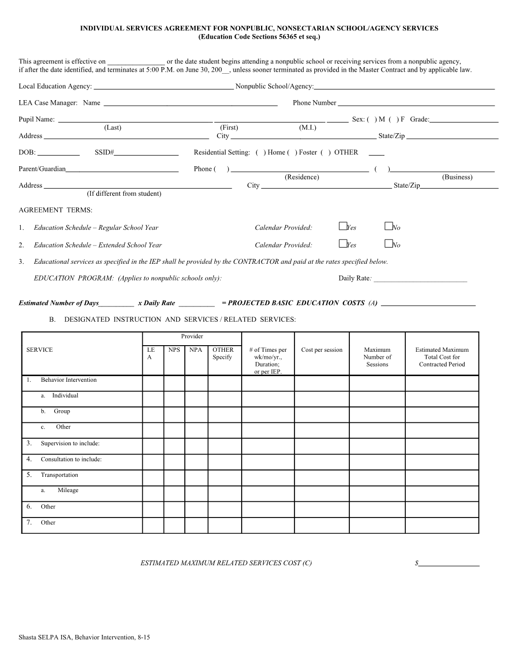 Individual Service Contract for Nonpublic, Nonsectarian School/Agency Services