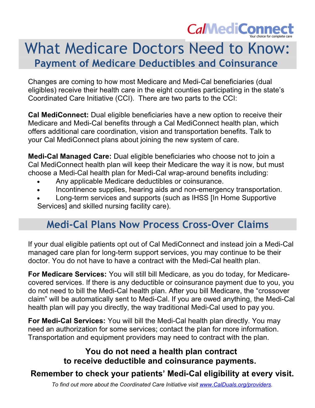 Payment of Medicare Deductibles and Coinsurance