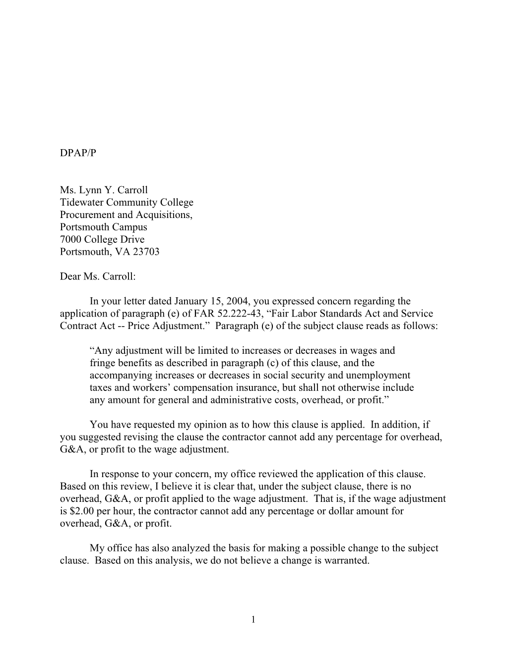 Letter to Ms. Lynn Y. Carroll - 2004-0414-DPAP